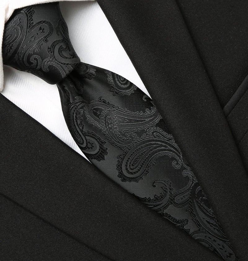 KissTies Mens Black Tie Set: Paisley Necktie + Pocket Square - Image 4